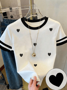 T-shirt da donna vestibilità ampia con stampa a cuori, girocollo, manica corta, casual, primavera estate, 100% cotone jersey - Product Image 3