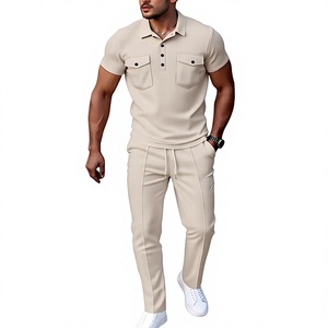 Conjunto de Camisa Polo y Pantalones Beige para Hombre, Estilo Casual, Tejido de Punto, Color Sólido, Transpirable, Traje de Verano de Dos Piezas, Poliéster/Algodón 180g - Product Image 1