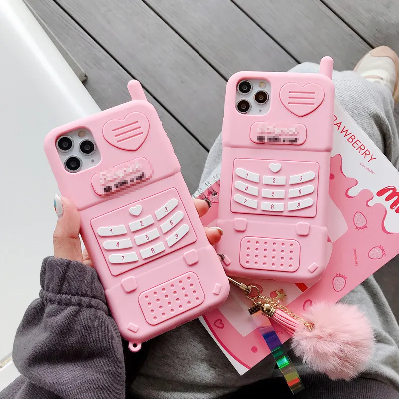 Hot Sale 3D Cartoon Old Mobile Phone Design Pink Phone Case for iPhone 14 Girl Cute Soft Cover for iPhone 13 12 11 XS X XR MAX