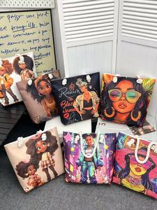 Wholesale African Black Girl Art Print Shoulder Handbags Custom Logo <strong>Fun</strong> Cartoon Pattern Canvas Tote <strong>Bag</strong> with Rope Handle - Product Image 5