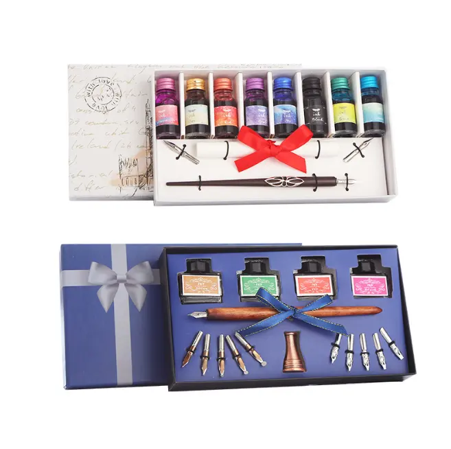 Custom box farbe tinte stift set holz dip kalligraphie stift set für business geschenk