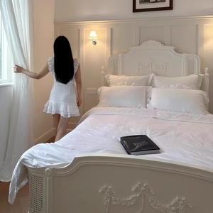 <span class=keywords><strong>Letto</strong></span> <span class=keywords><strong>Matrimoniale</strong></span> in Legno Massello Stile Retrò <span class=keywords><strong>Francese</strong></span>, Intagliato, Bianco Crema, con Rattan, Personalizzabile, 1,8 Metri - Product Image 3