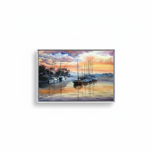 Printed <b>Canvas</b>: Abstract Seascape with Sunset Sailboats,WHITE <b>FRAMED</b> <b>CANVAS</b> - Product Image 2