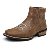 Bottines de cowboy western pour hommes, broderie vintage, fermeture éclair latérale, bottines courtes rétro, bout carré, talon bas, chaussures décontractées pour hommes