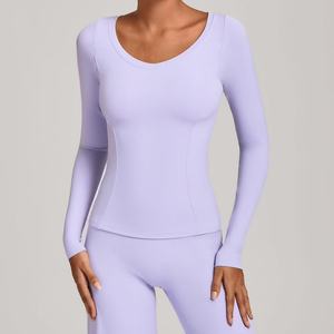 Haut de <span class=keywords><strong>yoga</strong></span> à manches longues et col en V pour femmes T-<span class=keywords><strong>shirt</strong></span> athlétique hauts d'entraînement chemise de gymnastique active vêtements de sport coupe ajustée - Product Image 4