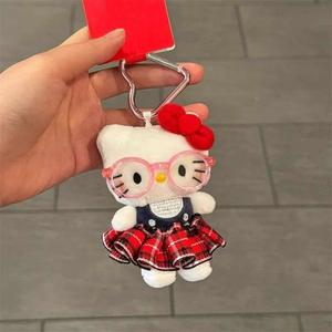 Sac à dos Hello Kitty en peluche avec pendentif, sac à lunettes mignon avec jupe à carreaux, poupée en tissu brodée pour filles, fonction de réconfort pour poupée - Product Image 4