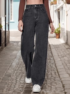 Jean tissé décontracté pour femme Fruit Loom, taille haute, coupe droite, couleur unie, délavage foncé, coupe ample, longueur intégrale, 100 % coton, style été - Product Image 3