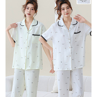 Ensemble de pyjama cardigan à col inversé pour femmes, pantalon côtelé à manches courtes