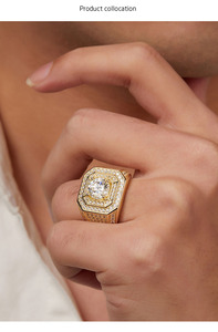 Luxury Men's Geometric <b>Cocktail</b> <b>Ring</b> With Round Moissanite Pave Setting wedding promise <b>ring</b> 925 Silver 22K <b>Gold</b> Plated - Product Image 5