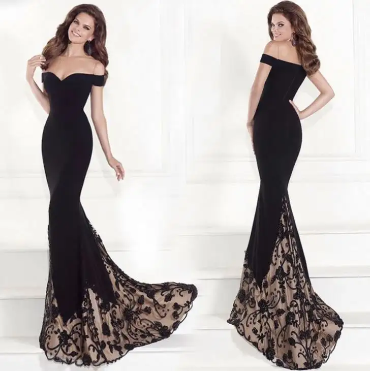 2021 thiết kế mới thanh lịch Phụ Nữ Slim Đảng DRESS Off vai Chiều dài sàn màu đen dài bút chì buổi tối Ăn mặc