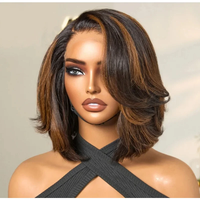 Perruques Courtes Pixie Bob Ondulées Cheveux Humains Perruques Lace Frontale Sans Colle Cheveux Humains Ombré Marron Brésilien Perruque à Closure en Dentelle