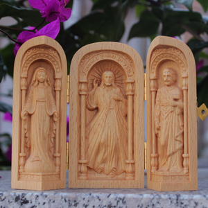 Scatola per Icone Religiose in Legno di Faggio Naturale con Coperchio Rotondo, Pieghevole in Tre Parti, Figura Sacra Intagliata in 3D, Altare Portatile per Preghiera Cattolica, Decorazione, Vendita all'Ingrosso - Product Image 2