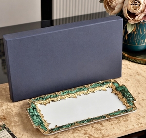 Luxury Green Marble Gold Embossed Bone China Serving Tray Baroque Style Rectangular Platter With Handles - Product Image 3