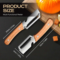Multifunctionele fruit- en groenteschiller met houten handvat, gebogen roestvrijstalen mes, keukengereedschap met flesopener