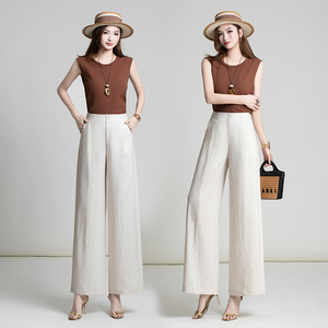 <span class=keywords><strong>Pantaloni</strong></span> in <span class=keywords><strong>Lino</strong></span> da Donna a Vita Alta, Gamba Larga con Doppio Bottone, Stile Casual da Ufficio Personalizzabile - Product Image 3