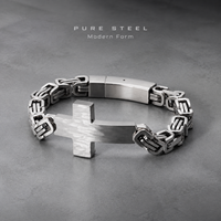 Bracelet croix punk tendance effet vieilli en acier inoxydable noir antique, chaîne byzantine épaisse, fermoir magnétique, pour homme, empilable, thème foi