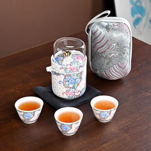 Service à thé de voyage, une théière, trois tasses, théière en céramique portable, tasses à thé pour le camping en plein air, cadeau, nouveau style chinois - Product Image 4