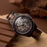 Montre automatique squelette en bois de noyer de luxe avec acier inoxydable, logo personnalisé, montre mécanique pour homme
