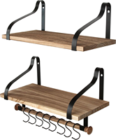 Étagère murale en bois pour pots suspendus, lot de 2, style ferme, étagère flottante pour cuisine, organisateur d'ustensiles de cuisine avec 8 crochets, capacité de 50 lb