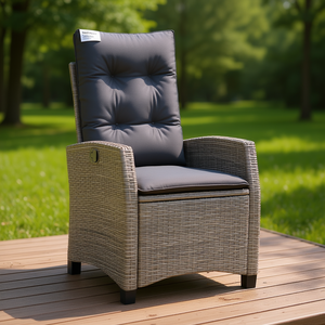 Poly Rattan Reclining Patio Chair With <b>Cushions</b> Gray Contemporary Outdoor Garden Chair - Product Image 2