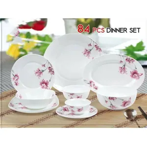 Dinnerware set opal glass floral design luxury cheap wholesale plates white 84PCS dinner set