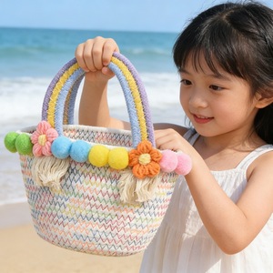 Straw woven bag, Korean niche bag, <b>handbag</b>, women's cotton rope woven bag, beach bag, dopamine color - Product Image 1