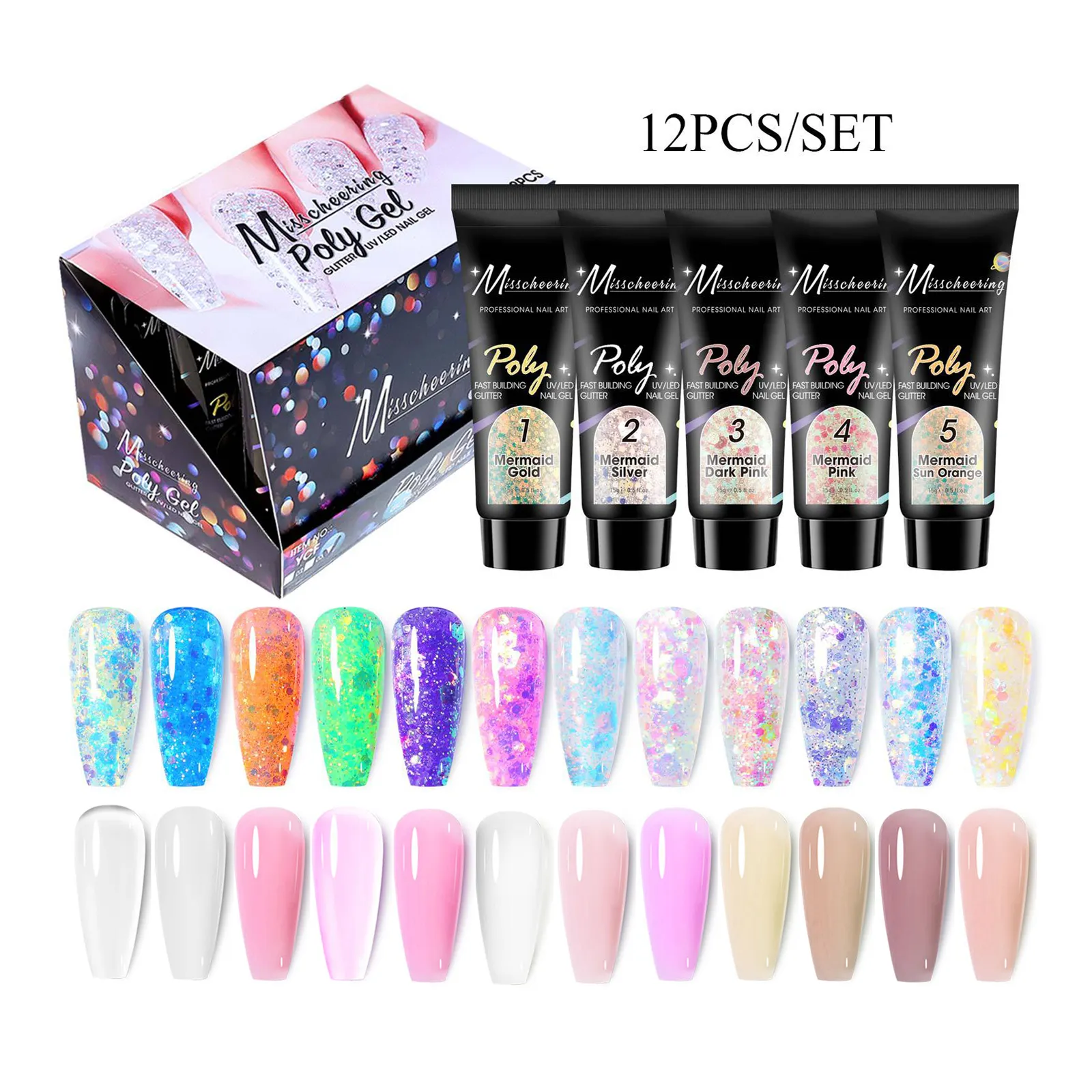 12 renkler/Set pırıltılı Sparkly Glitter poli tırnak jeli kutusu içinde setleri floresan kızdırma yaz tırnak uzatma jeli kitleri