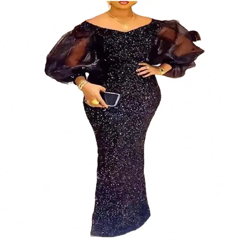 Новейшее дизайнерское элегантное черное платье с блестками, пикантное вечернее платье с V-образным вырезом, открытыми плечами и пышными рукавами для женщин, вечернее платье 2023