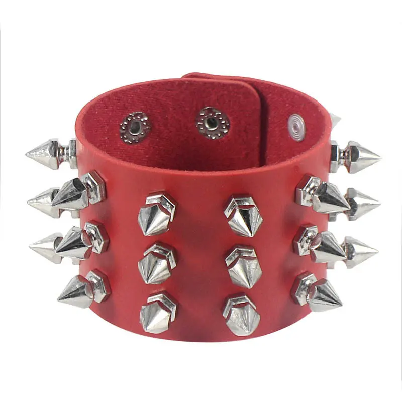 Three Row Cuspidal Spikes Rivet Stud Wide Cuff PU Leather Punk Gothic Rock Unisex Bracelet Men Jewelry Leather Bracelet