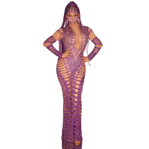 Design Purple Print Hollow Out Bodycon Long Maxi Prom Dress Ladies Sexy Full Length Wedding Club Party Dress Women Evening Gown