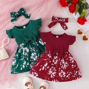 Little Girl Princess Sweet Bow Fly Sleeve Baby Cute <b>Patchwork</b> Two-piece Dress + Headscarf Set Breathable Daily Wear - Product Image 1