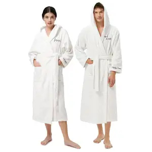 Robes de pano de capuz 100% algodão, roupão longo com bolsos, toalha, para casamento, noivado, presente de casal, 2 peças