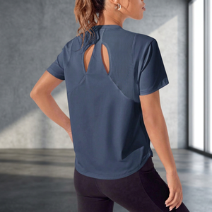 Haut de yoga à manches courtes pour femme avec découpe au dos, respirant, coupe régulière, couleur unie, pour l'entraînement - Product Image 2