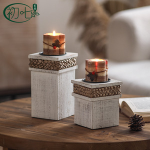 Portavelas Cuadrado de Madera con Banda Tejida para Decoración del Hogar A3053 - Product Image 2