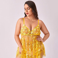 En gros Dentelle Broderie Maille Mince De Nuit Sous-Vêtements de Femmes Plus La Taille Lingerie Robe Avec String Culotte 2 Piece Set de Nuit