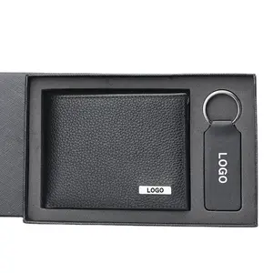 Porte-cartes et porte-cartes en cuir véritable pour homme, 3 pièces, haute qualité, exquis, porte-clé, fête d'anniversaire, boîte VIP, cadeaux de luxe pour homme