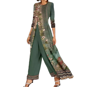 Ensemble deux pièces décontracté pour femmes européennes et américaines 2025, vert émeraude, manches longues, imprimé uni, teinture unie, séchage rapide, respirant - Product Image 1