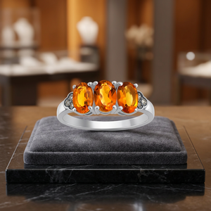 Gourik Three-Stone Brilliant Cut Yellow Madeira <b>Citrine</b> Natural Stone Classic Statement <b>Ring</b> 925 Sterling Silver Wedding Jewelry - Product Image 3