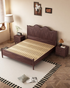 Solid Wood Double Bed Walnut Headboard French Provincial Mid-Century Modern Bedroom Furniture Zy890 Solid Wood <b>Frame</b> Eco-friendl - Product Image 4