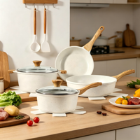 Ensemble de poêles à frire avec poignée amovible, nouveau style pour une cuisson efficace, moderne, grand modèle, blanc laiteux