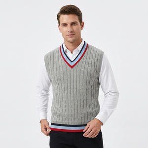 <b>Men's</b> <b>Sleeveless</b> V Neck Cable Knit Sweater Vest Striped Cricket <b>Jumper</b> 100% Cotton ODM Soft Winter Casual Sportswear - Product Image 1