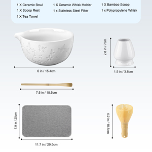 Traditional Japanese 4PC Matcha <b>Tea</b> <b>Set</b> Ceramic Bowl & PP Whisk with Flower Pattern for Home <b>Tea</b> Ceremony - Product Image 2
