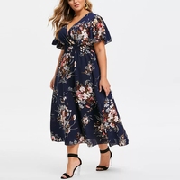 Robe décontractée à imprimé floral pour femmes grandes tailles, col en V, manches courtes, taille naturelle - Fournisseur ODM