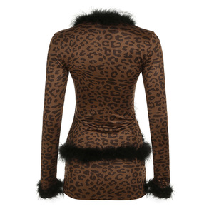 New Splicing <b>Tie</b> Cardigan Long Sleeve Top Leopard Print Half-body Skirt Women's 2 Piece <b>Set</b> Fashion - Product Image 5