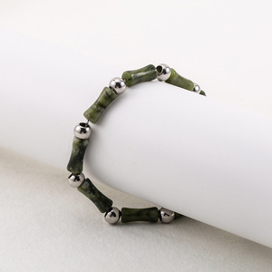Fashionable Men's Stainless Steel Dark Green Jade Bamboo Joint <b>Beaded</b> <b>Bracelet</b> Geometric Design For Casual Wear - Product Image 3