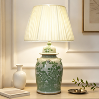 Lampe de table en céramique de style chinois, motif floral vert et bleu, tête de lion, pour chambre à coucher, salon, décoration intérieure, lampe de bureau