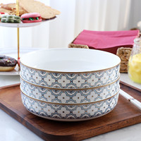 Service d'assiettes en porcelaine fine, rondes, blanches, avec bordure dorée, pour la salle à manger