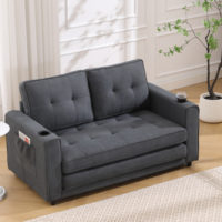 Sofá Cama Futón 3 en 1 Moderno Tapizado en Tela, Convertible y Plegable de Tres Plazas con Bolsillos Laterales y Portavasos, Gris Oscuro
