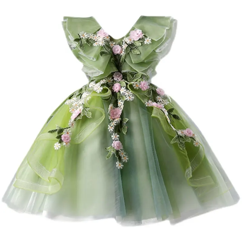 Vestito da cerimonia nuziale di compleanno di sera casuale dell'arco di estate dell'adolescente di tulle del ricamo dell'increspatura dei bambini del partito della ragazza dei bambini