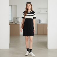 Robe Courte Décontractée Rayée pour Femme, Manches Courtes, Col Rond, Coupe Ample, Color Block, 100% Coton Tricoté